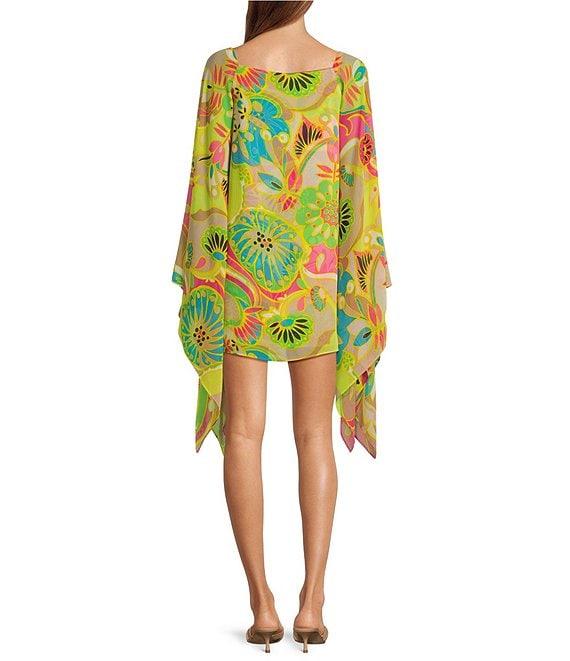 Trina Turk Aqualane Printed Georgette Boat Neck Long Sleeve Flowy Dress Product Image