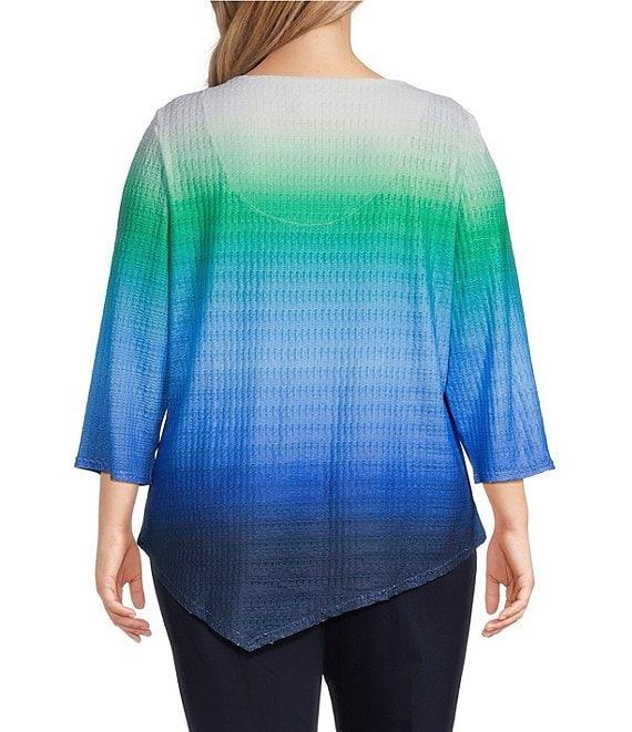 Allison Daley Plus Size Ombre Textured 3/4 Sleeve Keyhole Neck Asymmetric Hem Knit Top Product Image