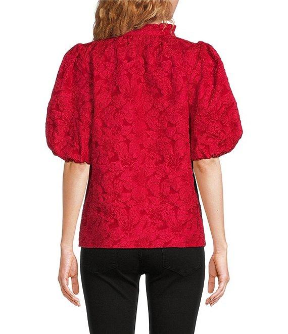 Sugarlips Arielle Jacquard Floral Print Split V-Neck Short Puff Sleeve Top Product Image