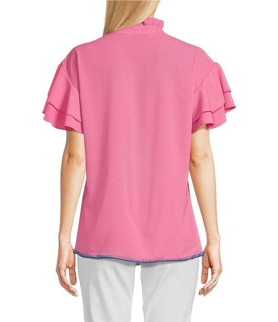 Calessa Embroidered Ruffled V-Neck Cap Sleeve Shirttail Hem Top Product Image