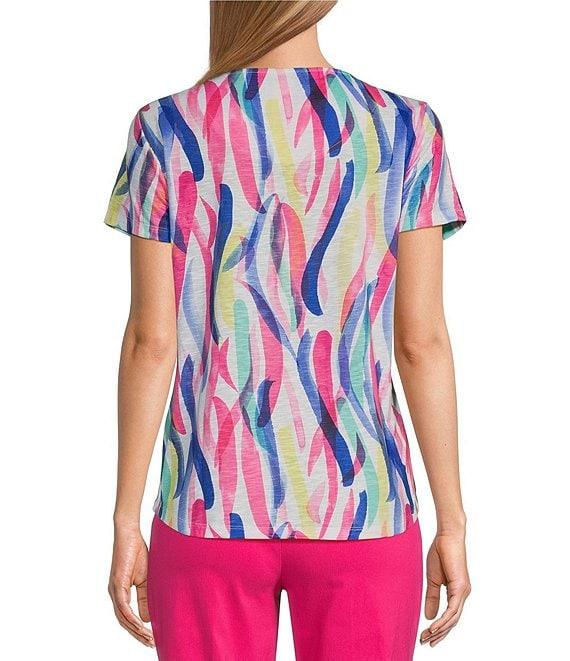 Allison Daley Petite Size Embellished Fun Stripe Print Short Sleeve Keyhole Neck Knit Top Product Image