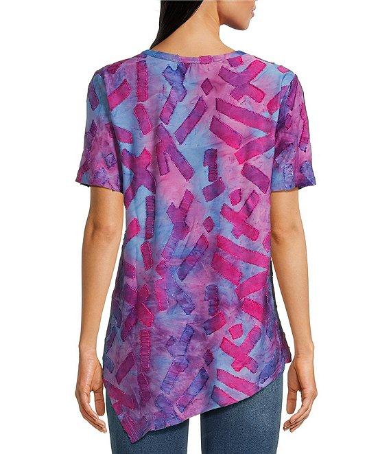 Calessa Petite Size Burnout Knit Tie-Dye Round Neck Short Sleeve Asymmetric Hem Tunic Product Image