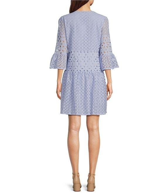 tyler boe Ingrid Eyelet Crew Neck Split V 3/4 Bell Sleeve Tiered Dress Product Image