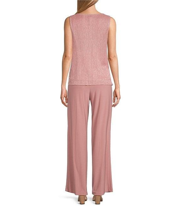 R & M Richards Pleated Crinkle Metallic Scoop Neck 3/4 Sleeve 3-Piece Pant Set Product Image