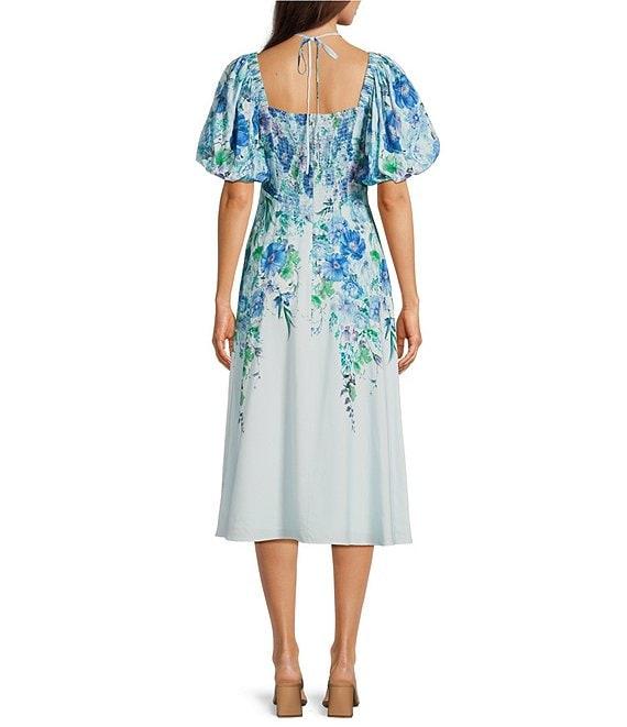 Alex Marie Monroe Pink Floral Short Puff Sleeve Sweetheart Halter Tie Neck A-Line Midi Dress Product Image