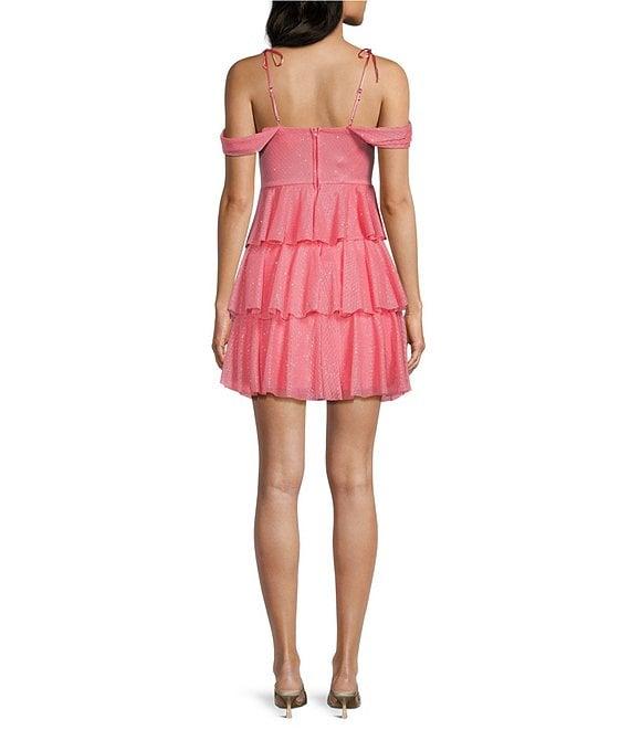 Honey and Rosie Sweetheart Off Shoulder Mesh Drape Ruffle Skirt Dress Product Image