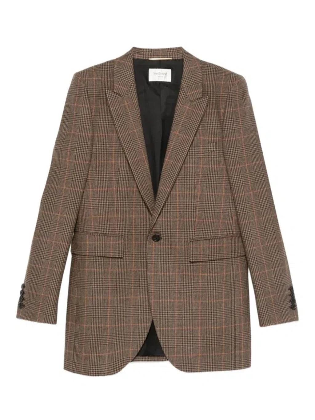SAINT LAURENT Single-breasted Slim Houndstooth Plaid Blazer In Brown Product Image