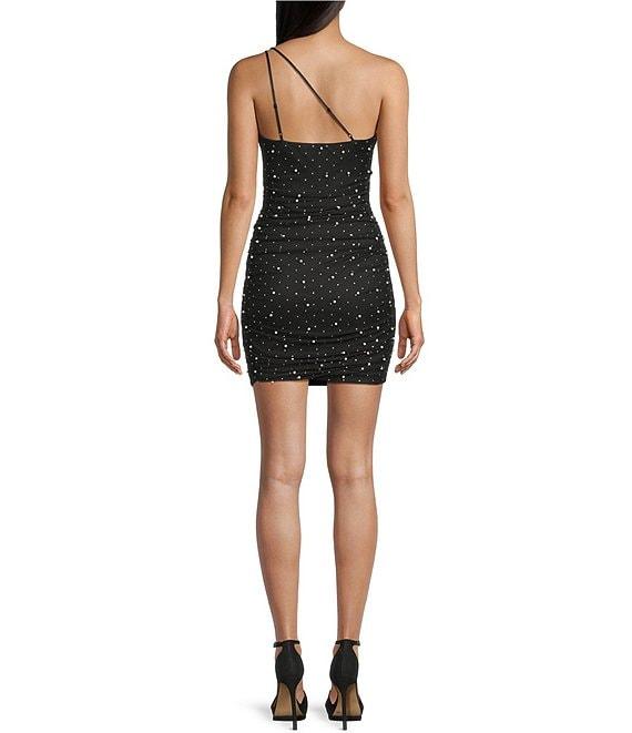 Honey and Rosie Power Mesh Pearled Rhinestone One-Shoulder Shirred Bodycon Dress Product Image