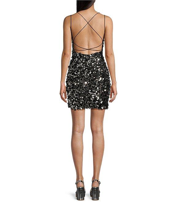 Honey and Rosie Spaghetti Strap Fitted Short Large Sequin Dress Product Image