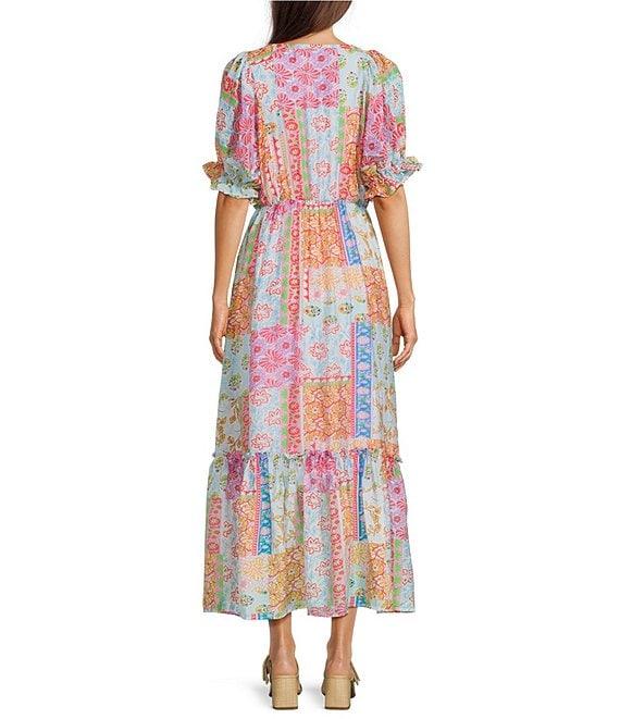 Calessa Patchwork Mosaic Print V-Neck Short Sleeve Tiered Maxi Dress Product Image