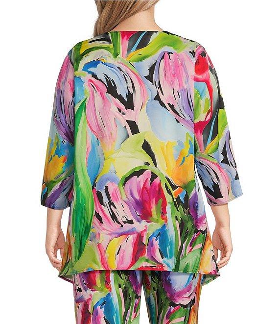 Caroline Rose Plus Coordinating Brilliant Bouquet Breezy Stretch Woven V-Neck 3/4 Sleeve Tunic Product Image