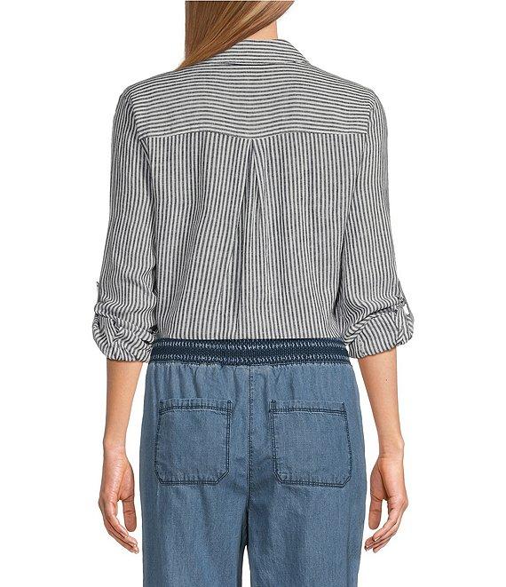 Westbound 3/4 Roll-Tab Sleeve Point Collar Y-Neck Button Front Top Product Image