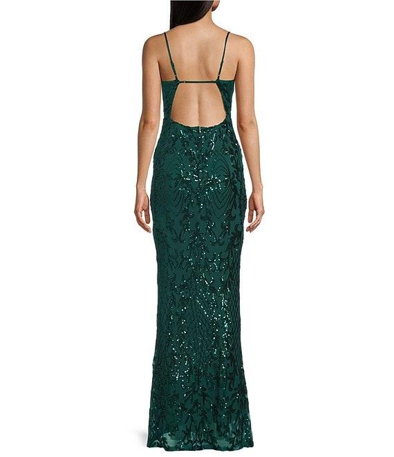 Midnight Doll Patterned Sequin Scoop Neck Spaghetti Strap Side Slit Long Dress Product Image