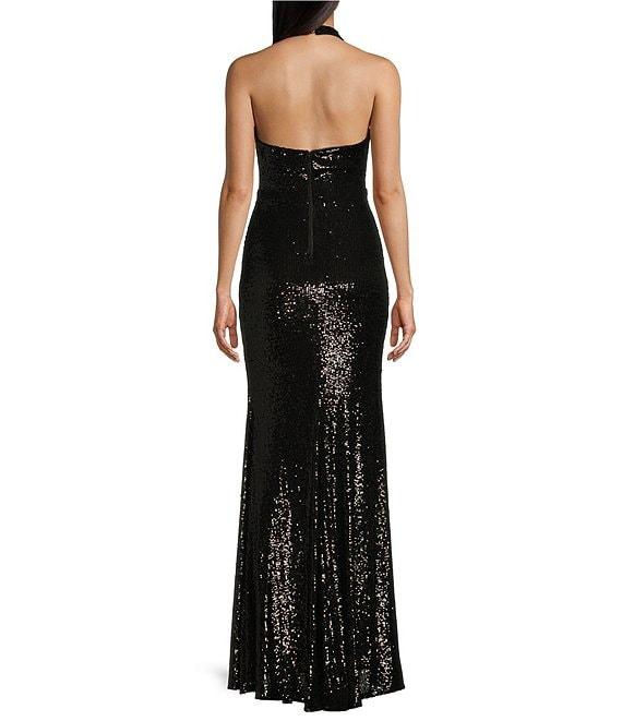B. Darlin Allover Sequin Sleeveless Halter V-Neck Dress Product Image