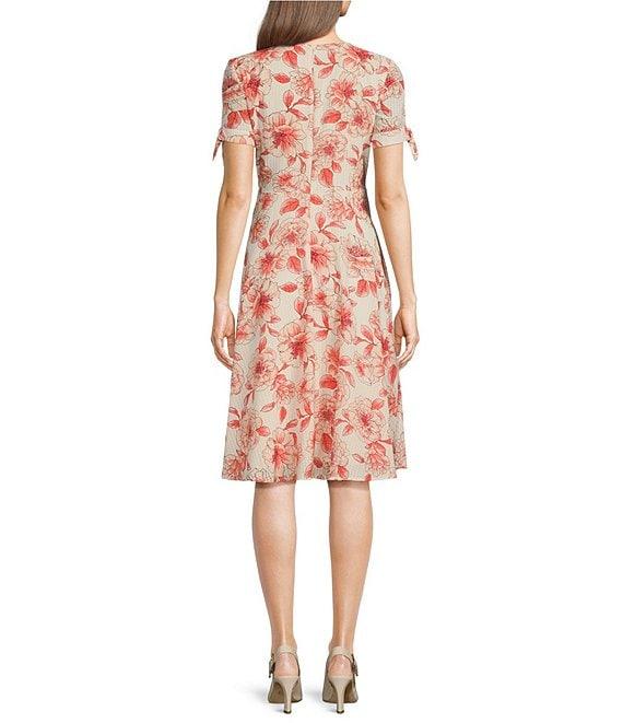 Leslie Fay V-Neck Short Tie Sleeve Mock Button Front Fit and Flare Dress Product Image