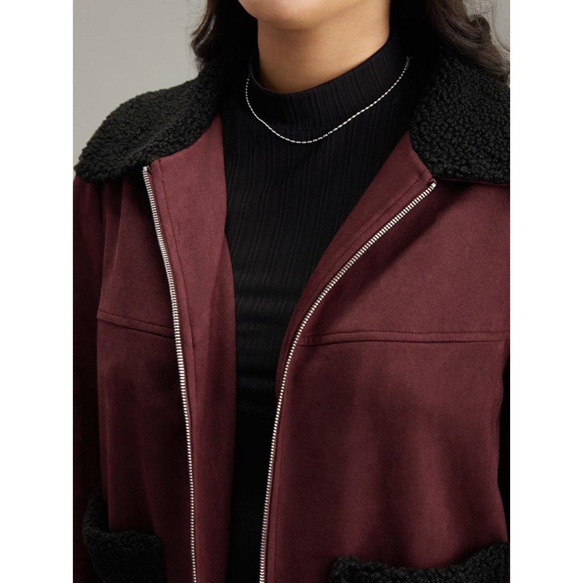 Plus Size Fuzzy Trim Patched Pocket Zipper Jacket Women Burgundy Contrast Pocket Dailywear Jackets BloomChic 30/6X Product Image
