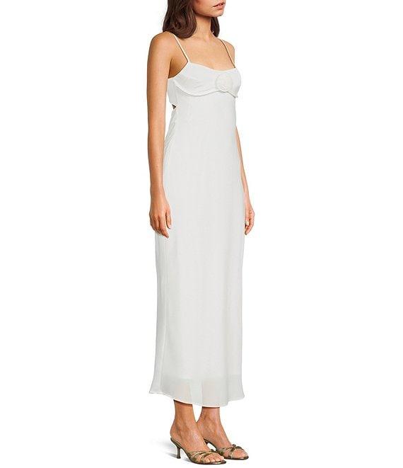 Allison & Kelly Satin Scoop Neck Spaghetti Strap Rosette Back Cut Out Slip Dress Product Image