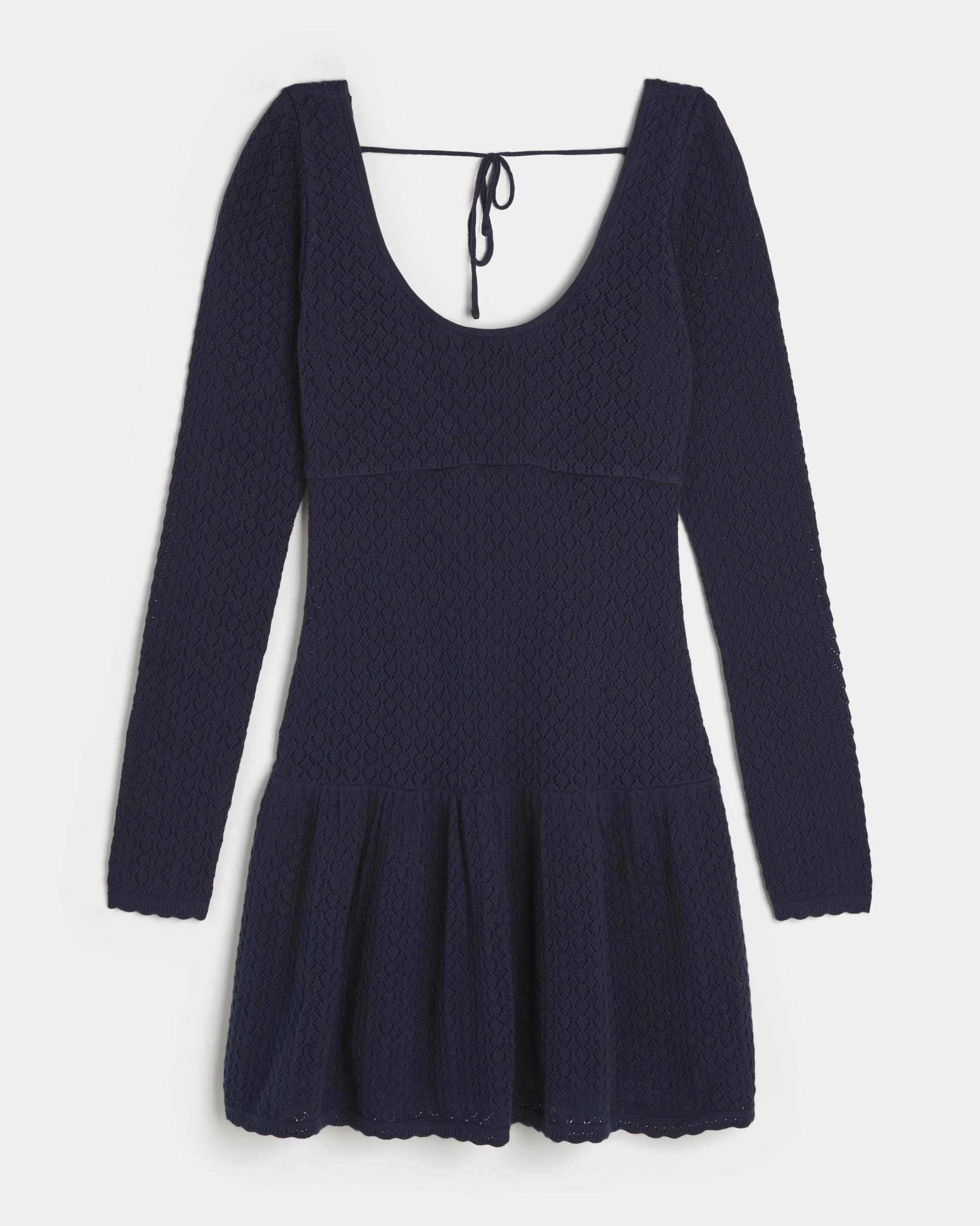 Long-Sleeve Crochet-Style Mini Skater Dress Product Image