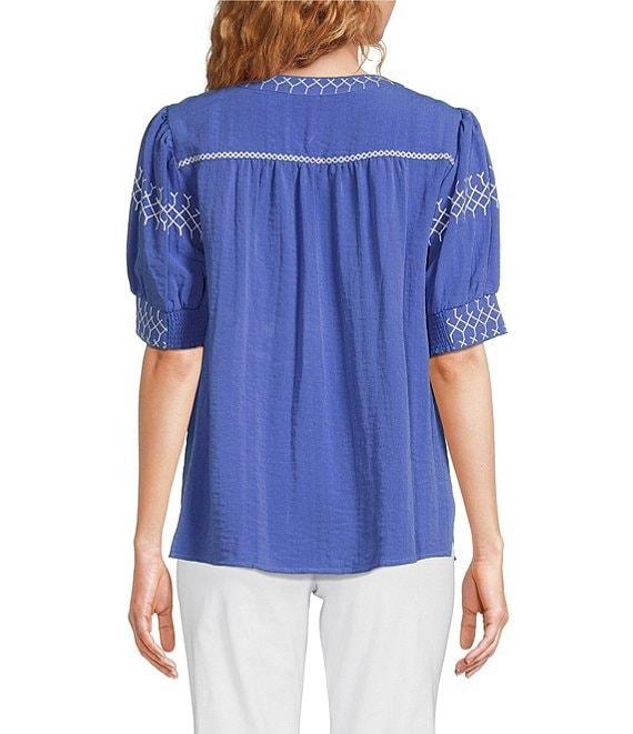 Ali Miles Embroidered Split V-Neck Elbow Sleeve Tunic Product Image
