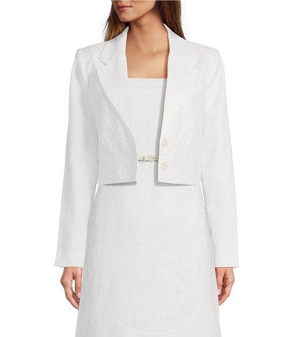 Le' AL.X Embroidered Linen Notch Lapel Long Sleeve Button Front Cropped Coordinating Blazer Product Image