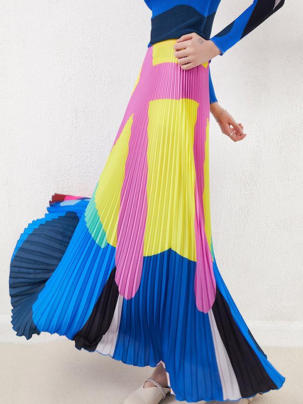 A-Line Loose Contrast Color Pleated Skirts Bottoms Product Image