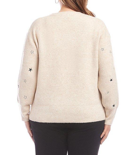 Karen Kane Plus Size Wool Blend Embroidered Star Crew Neck Long Sleeve Pullover Product Image
