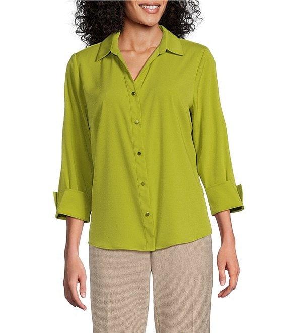 Investments Woven 3/4 Sleeve Point Collar Button Front Split Cuff Top Product Image
