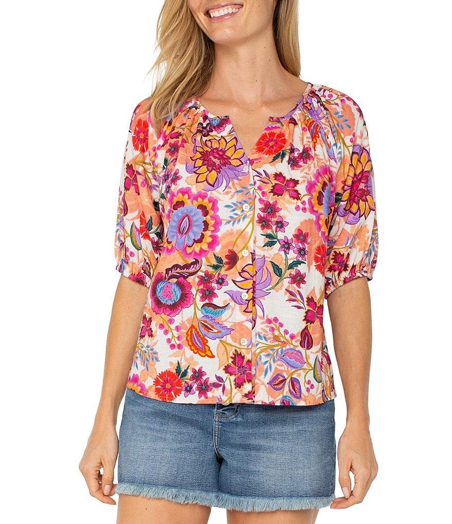 Liverpool Los Angeles Woven Floral Split V-Neck Short Sleeve Button-Front Blouse Product Image