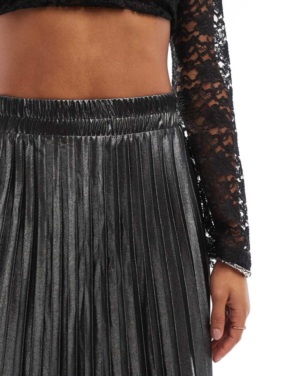 ONLY pleated maxi skirt in gray metallic Product Image