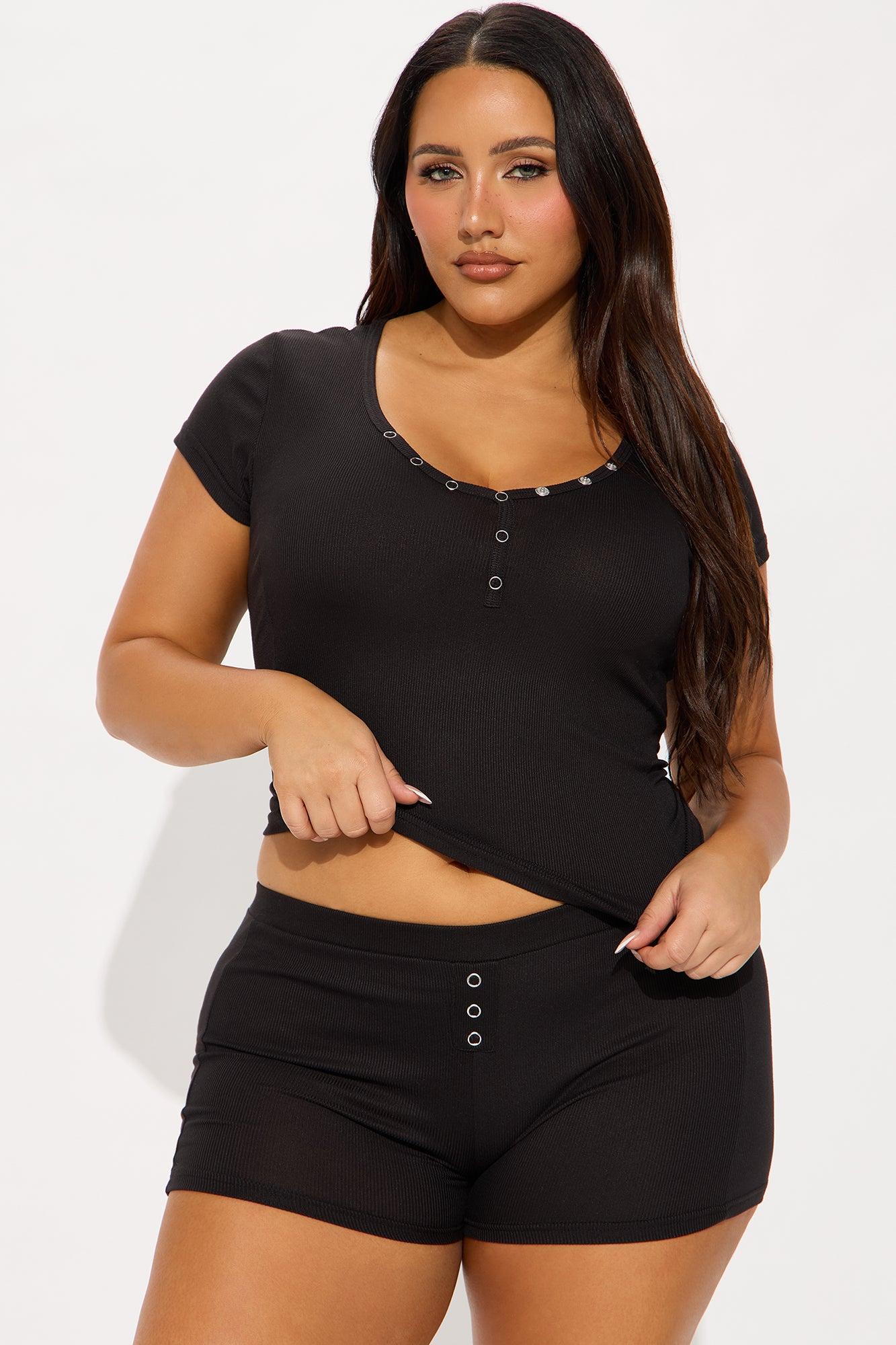 Bedtime Ribbed PJ Boxer Short Set - Black Female Product Image