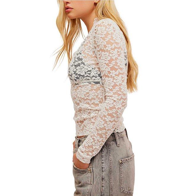 Free People All Day Lace V Neck Long Sleeve Sheer Lace Knit Top Product Image