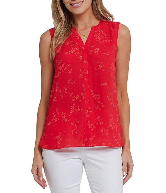 NYDJ Woven Floral Print Sleeveless Inverted Pleat Mandarin Collar Pintuck Blouse Product Image