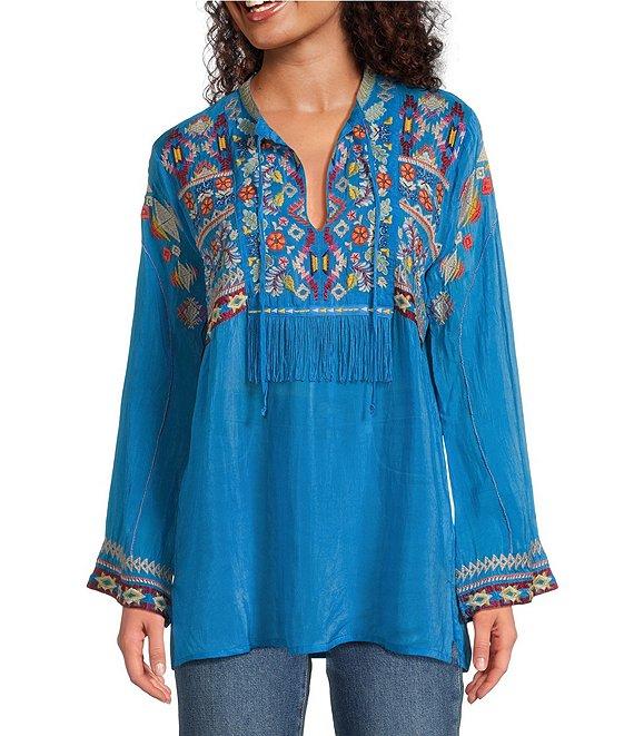 JOHNNY WAS Coriander Embroidered Cupro Split V-Neck Long Sleeve Tunic Product Image