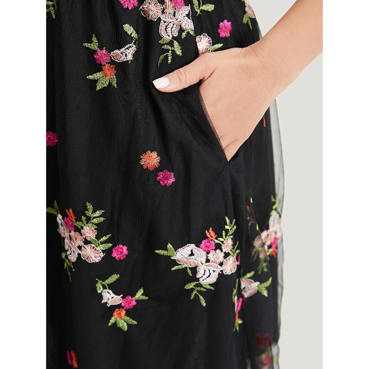 Plus Size Floral Embroidered Cold Shoulder Mesh Cami Dress Black Women Glamour Lined Spaghetti Strap Short sleeve Curvy Knee Dress BloomChic 30/6X Product Image
