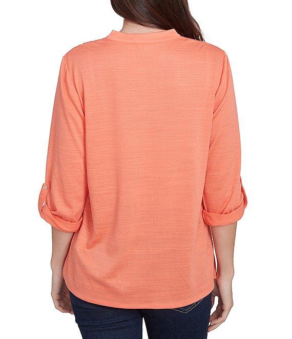 Ruby Rd. Knit Embroidery V-Neck 3/4 Roll-Tab Sleeve Top Product Image