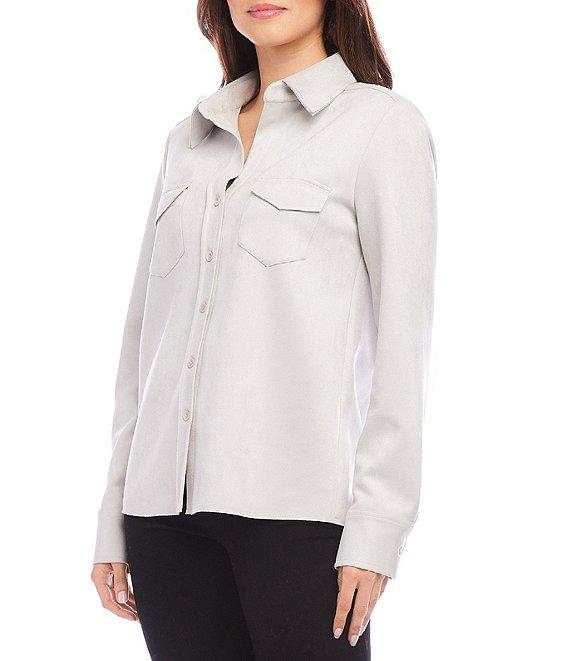 Karen Kane Stretch Faux Suede Collared Neckline Long Sleeve Button Front Shirt Product Image