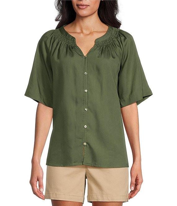 Westbound Woven Short Sleeve Y-Neck Button Front Top Product Image