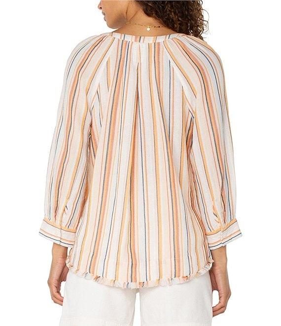 Liverpool Los Angeles Petite Size Stripe Split V-Neck 3/4 Sleeve Frayed Hem Top Product Image