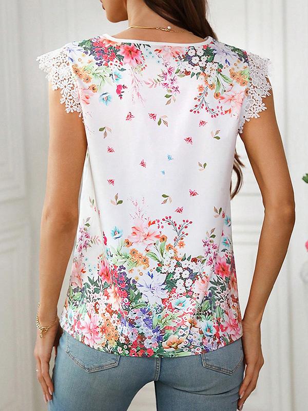 Loose Sleeveless Flower Print V-Neck Blouses&Shirts Tops Product Image