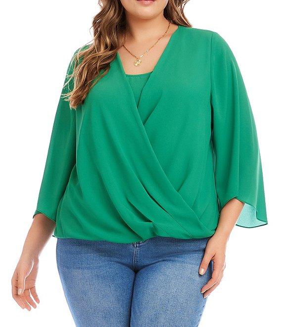 Karen Kane Plus Size Crossover V-Neck 3/4 Flare Sleeve Top Product Image