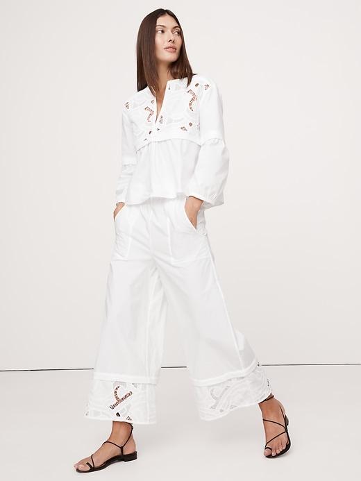 High-Rise Wide-Leg Embroidered Cotton Poplin Cropped Pull-On Pant Product Image