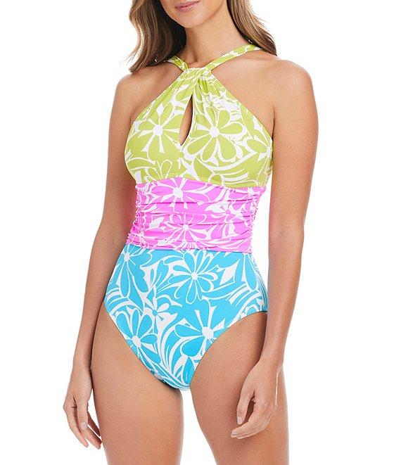 Bleu Rod Beattie Sock It To Me Halter Neck Front Keyhole Shirred One Piece Swimsuit Product Image