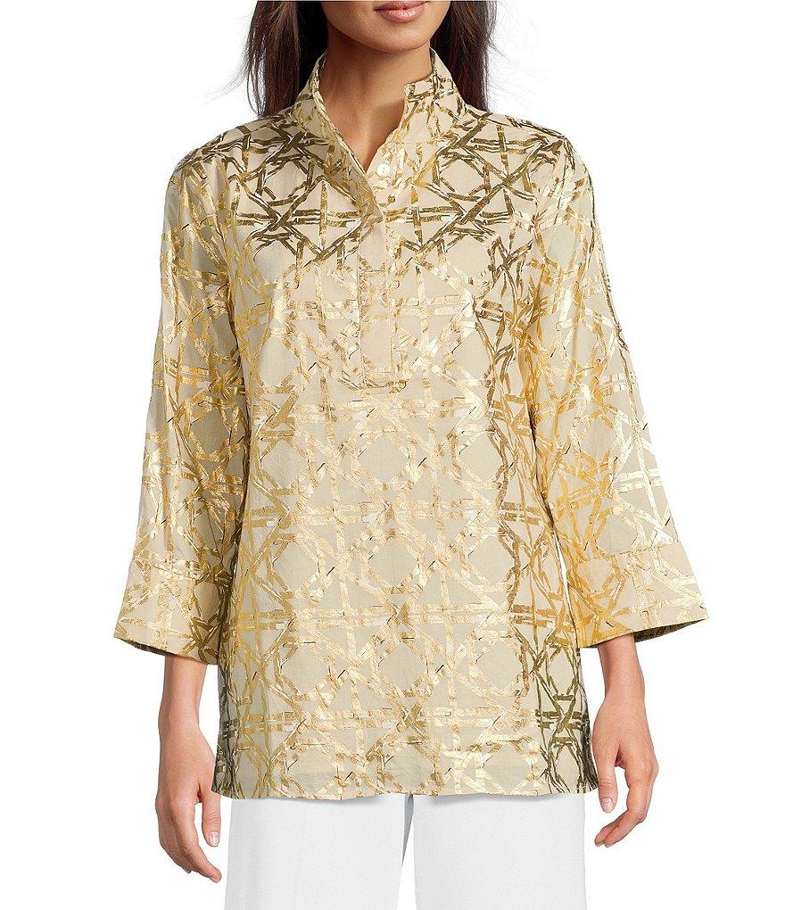 Jude Connally Cricket Bamboo Rattan Print Stand Collar 3/4 Sleeve Top Product Image