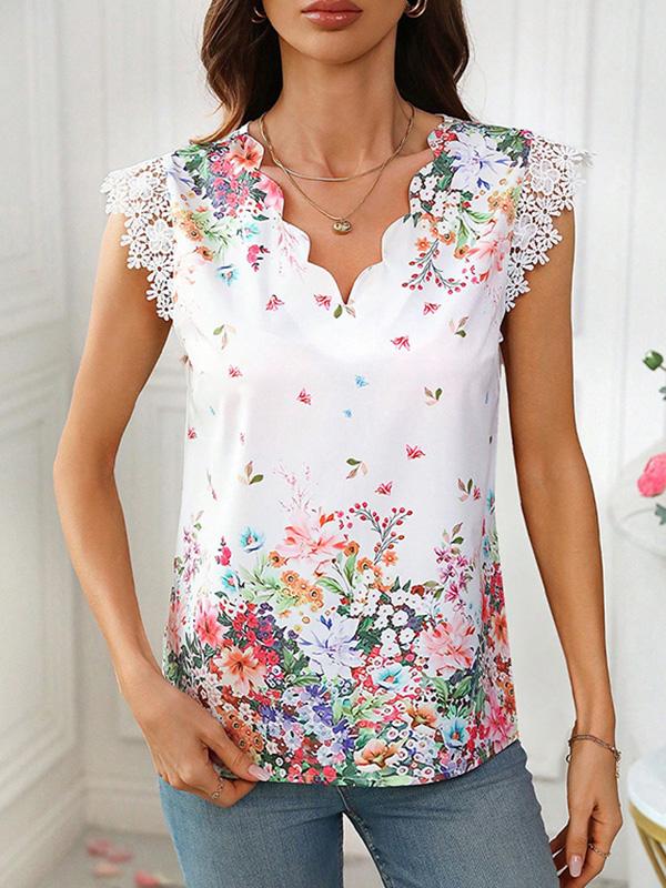 Loose Sleeveless Flower Print V-Neck Blouses&Shirts Tops Product Image