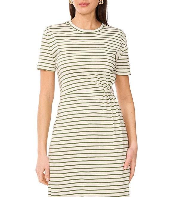 Vince Camuto Knit Striped Crew Neck Short Sleeve Ruched Midi Shirt Dress Product Image