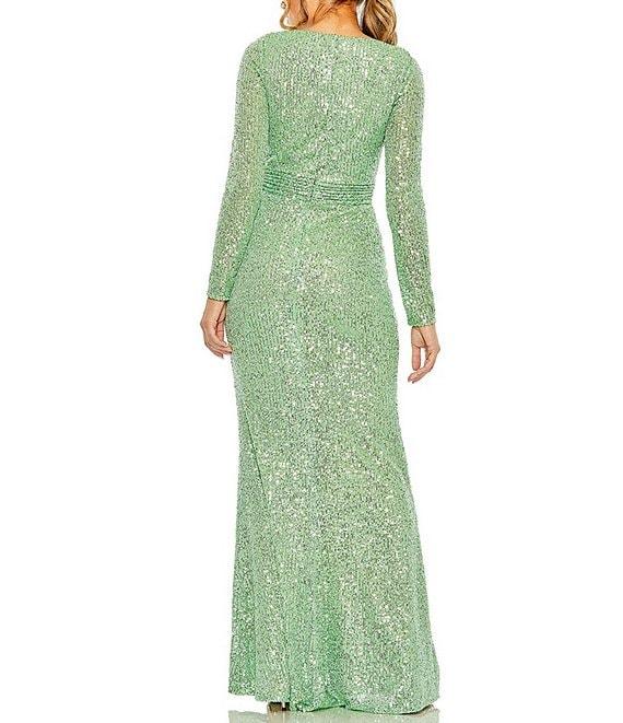 Ieena for Mac Duggal Long Sleeve Deep Surplice V-Neck Sequin Thigh High Slit Gown Product Image