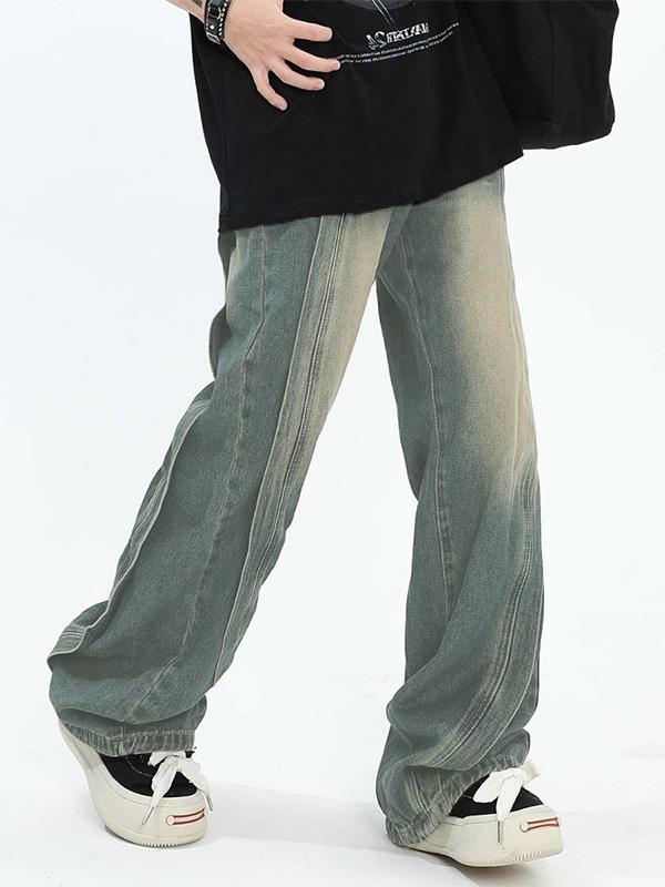 Men's Vintage Wash Splice Loose Jeans Product Image
