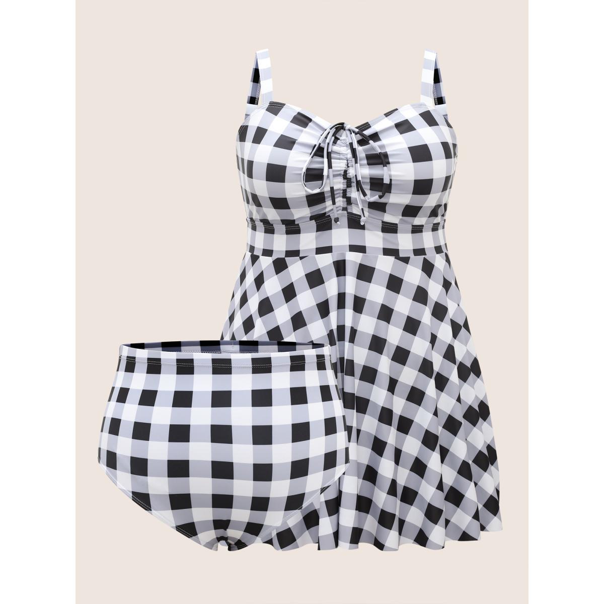 Plus Size Plaid Heart Neckline Drawstring Ruched Swim Dress Women's Swimwear Black Beach Bodycon Heart neckline High stretch Curve Swim Dresses BloomChic 22-24/3X Product Image