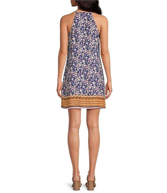 Skies Are Blue Border Floral Print Halter Split-Neck Sleeveless Shift Dress Product Image