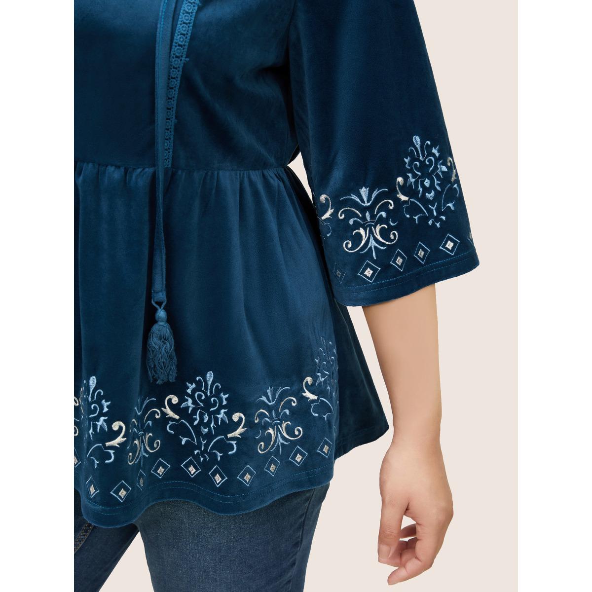Plus Size Indigo Velvet Contrast Embroidered Tassels Ties Blouse Women Resort Elbow-length sleeve Tie Neck Vacation Blouses BloomChic 18-20/2X Product Image